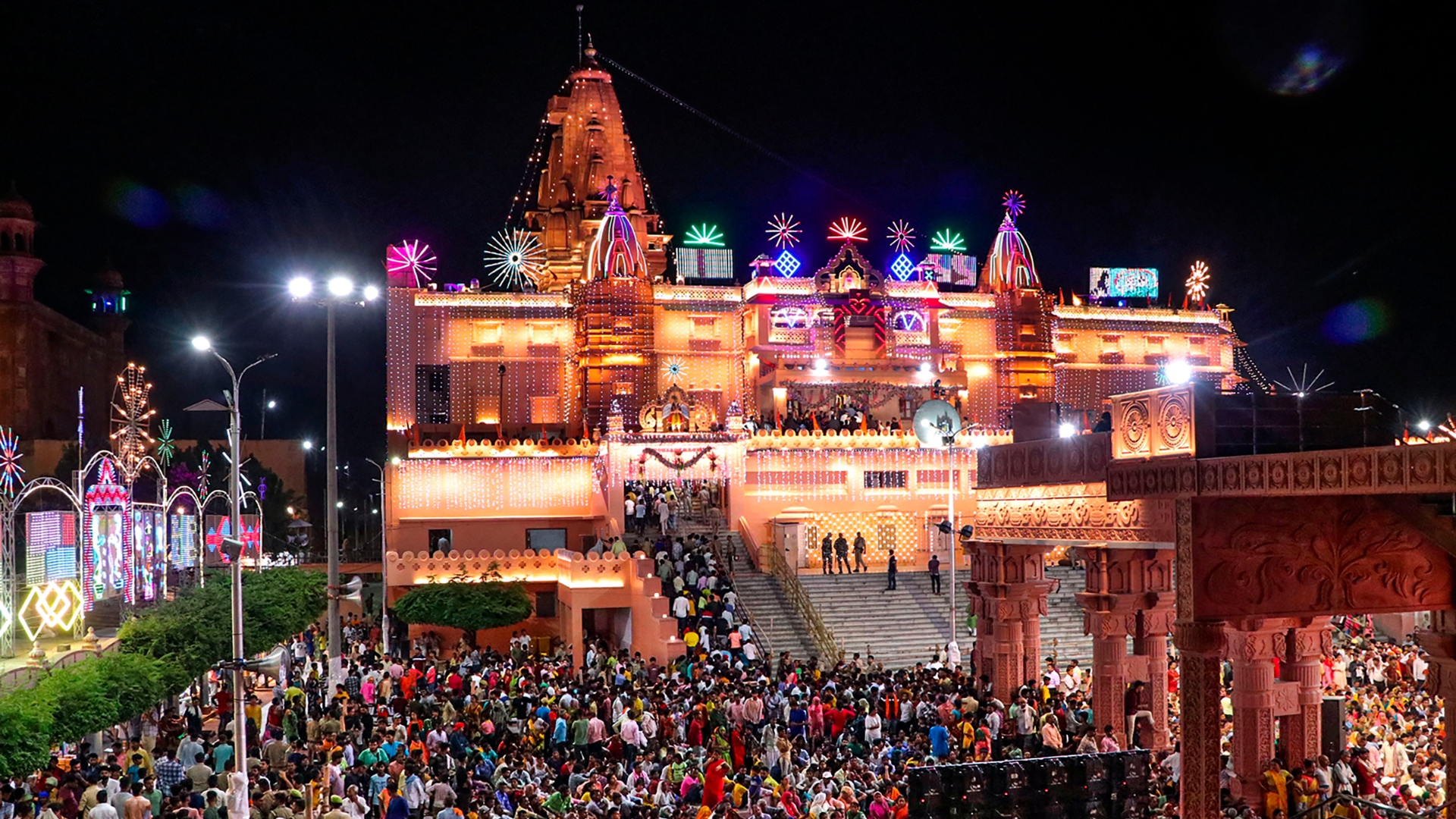 Krishna Birth Celebration Temple Lights and Crowd